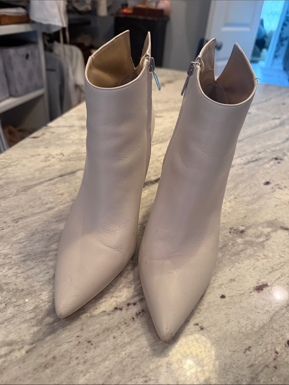 Marc Fisher Pointed Toe Cream Ankle Booties with Side Zip